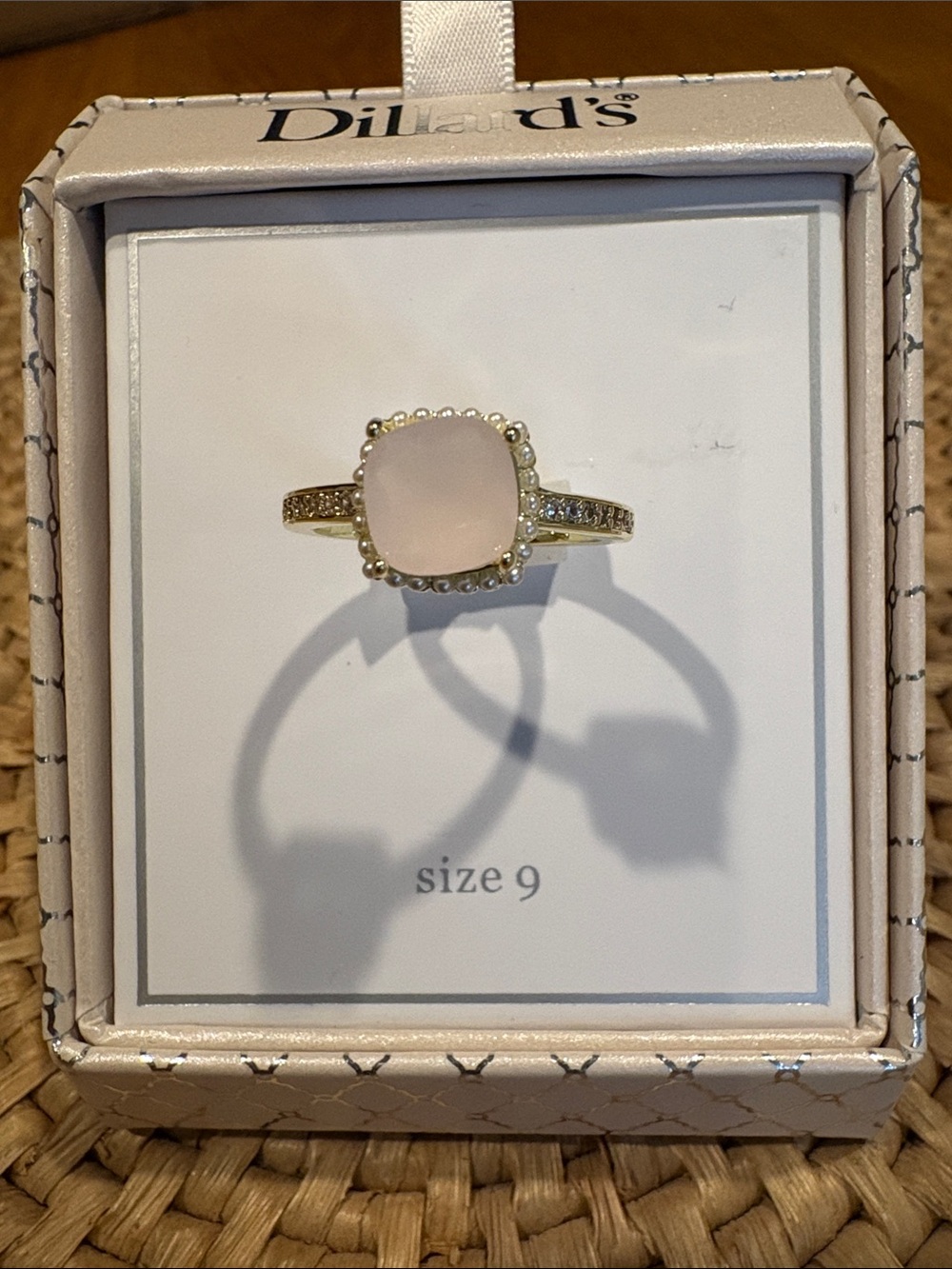 NWT Dillards Gold Tone Ring with Pale Pink Cushion Stone - Size 9, Still in Box